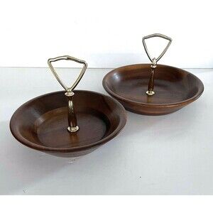 Set of 2 Vintage MCM Vermillion Walnut Candy Nut Bowl Brass Handle Snack Bowls
